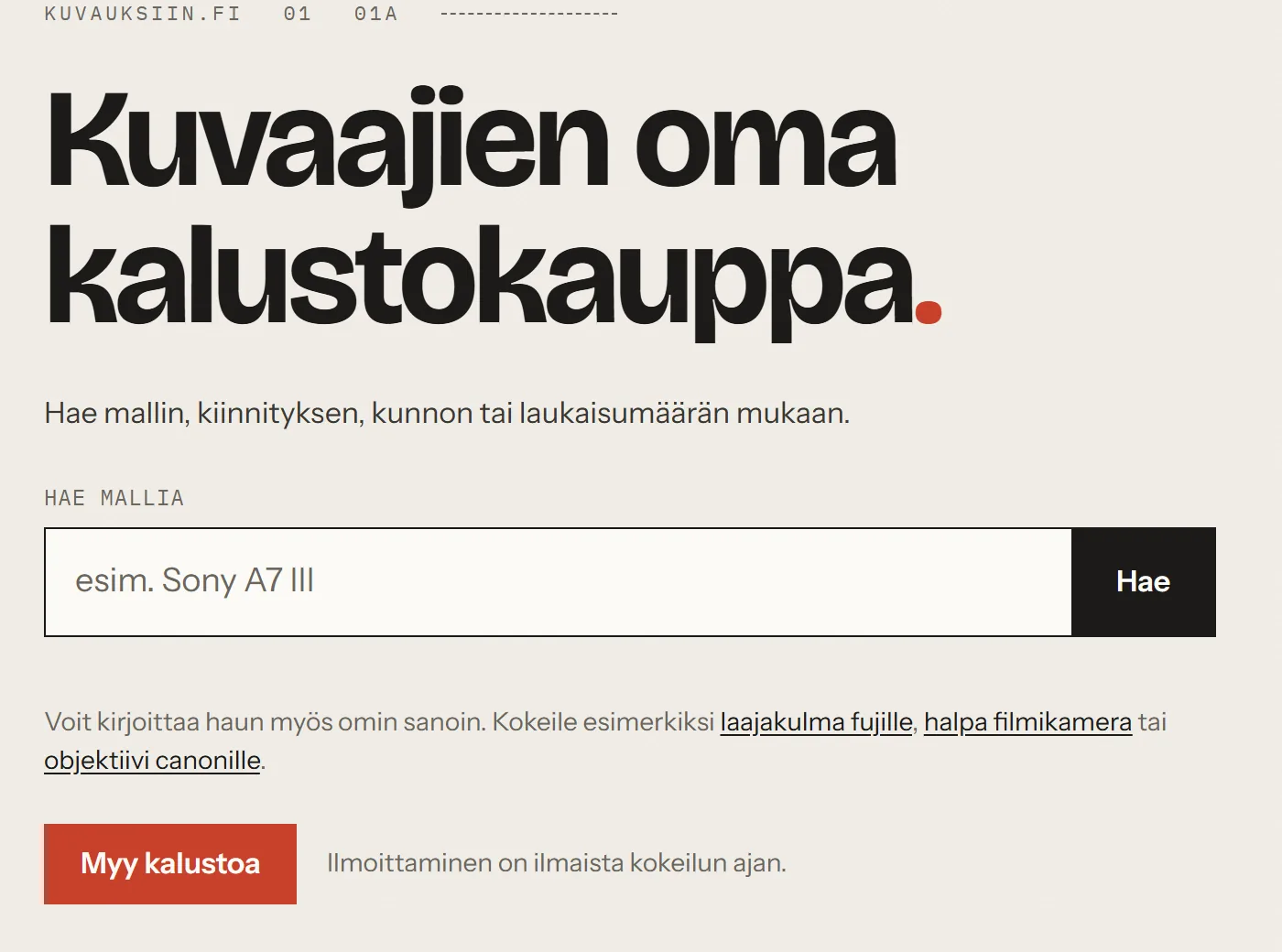 Etusivu: haku mallin mukaan tai omin sanoin — Kuvauksiin.fi