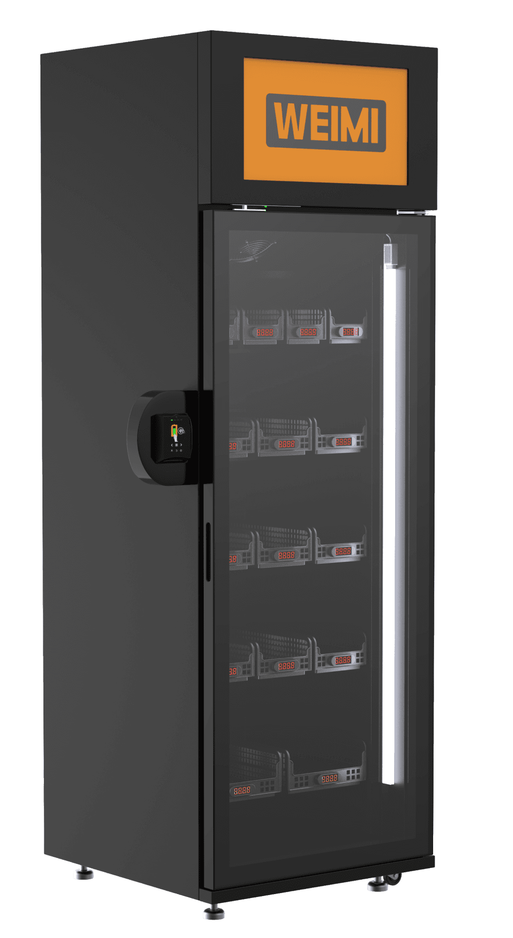 WEIMI viedais vienas durvju pašapkalpošanās ledusskapis ar izmēru norādēm — platums 680 mm, dziļums 680 mm, augstums 2080 mm