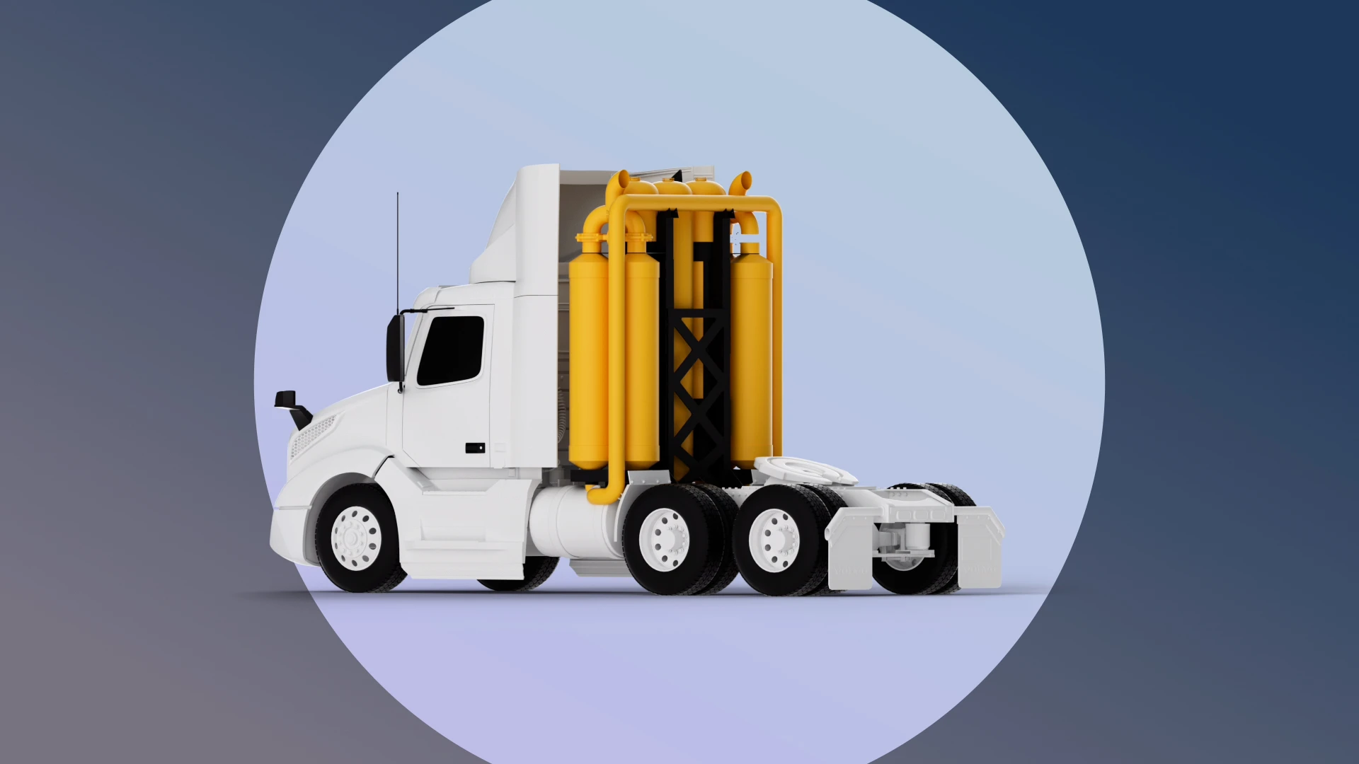 Semi truck equipped with yellow CO₂ tanks shown inside a blue circular frame