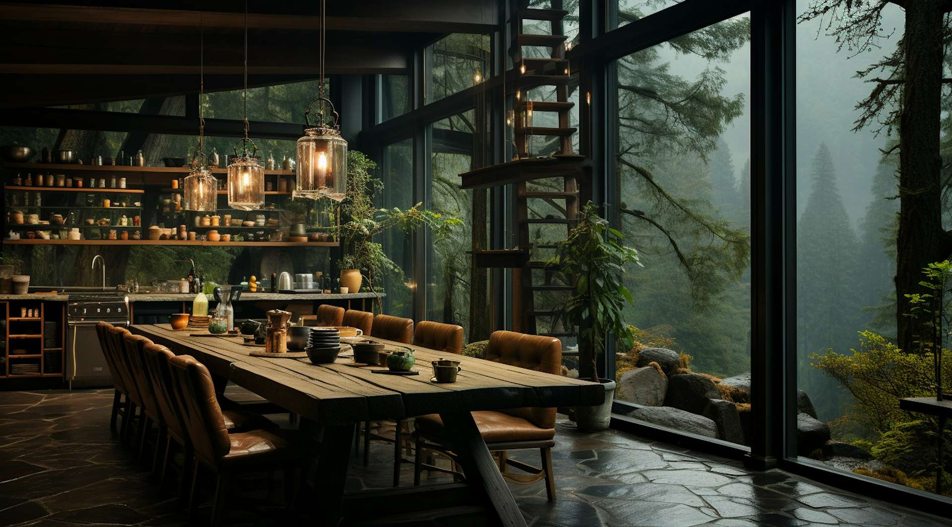 Atmospheric dining area looking out in the forest