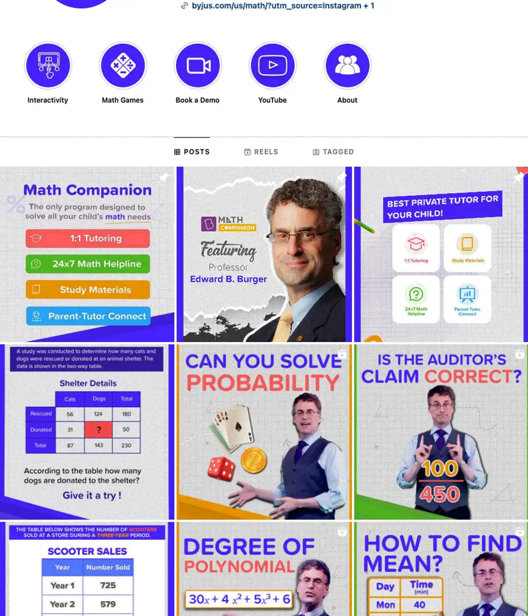 byjus math companion instagram with professor burger