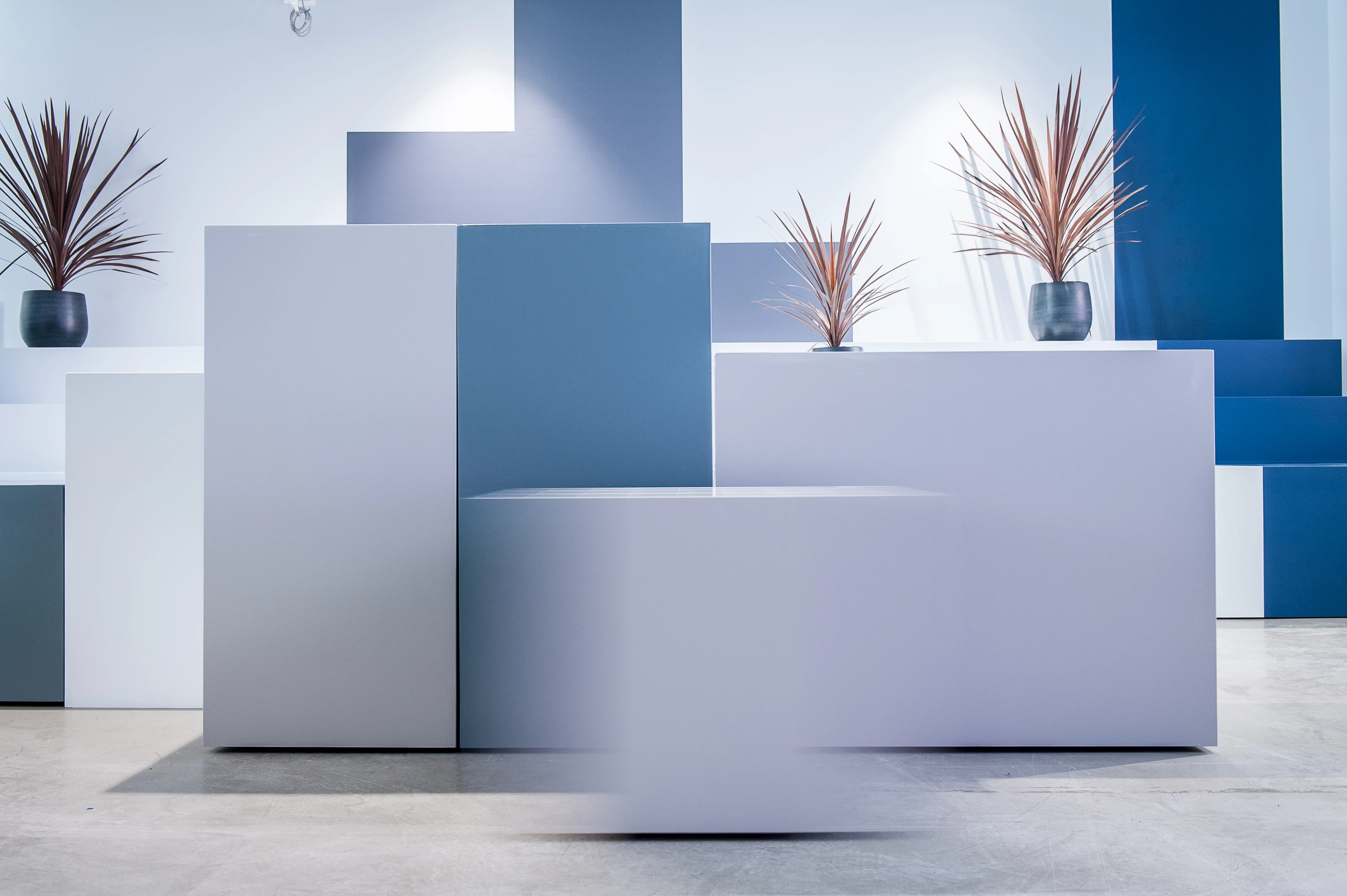 Sculptural installation of stacked display cubes in white, grey and steel blue at the 17 FASHION BRANDS showroom, topped with dark red grass plants in blue vases.