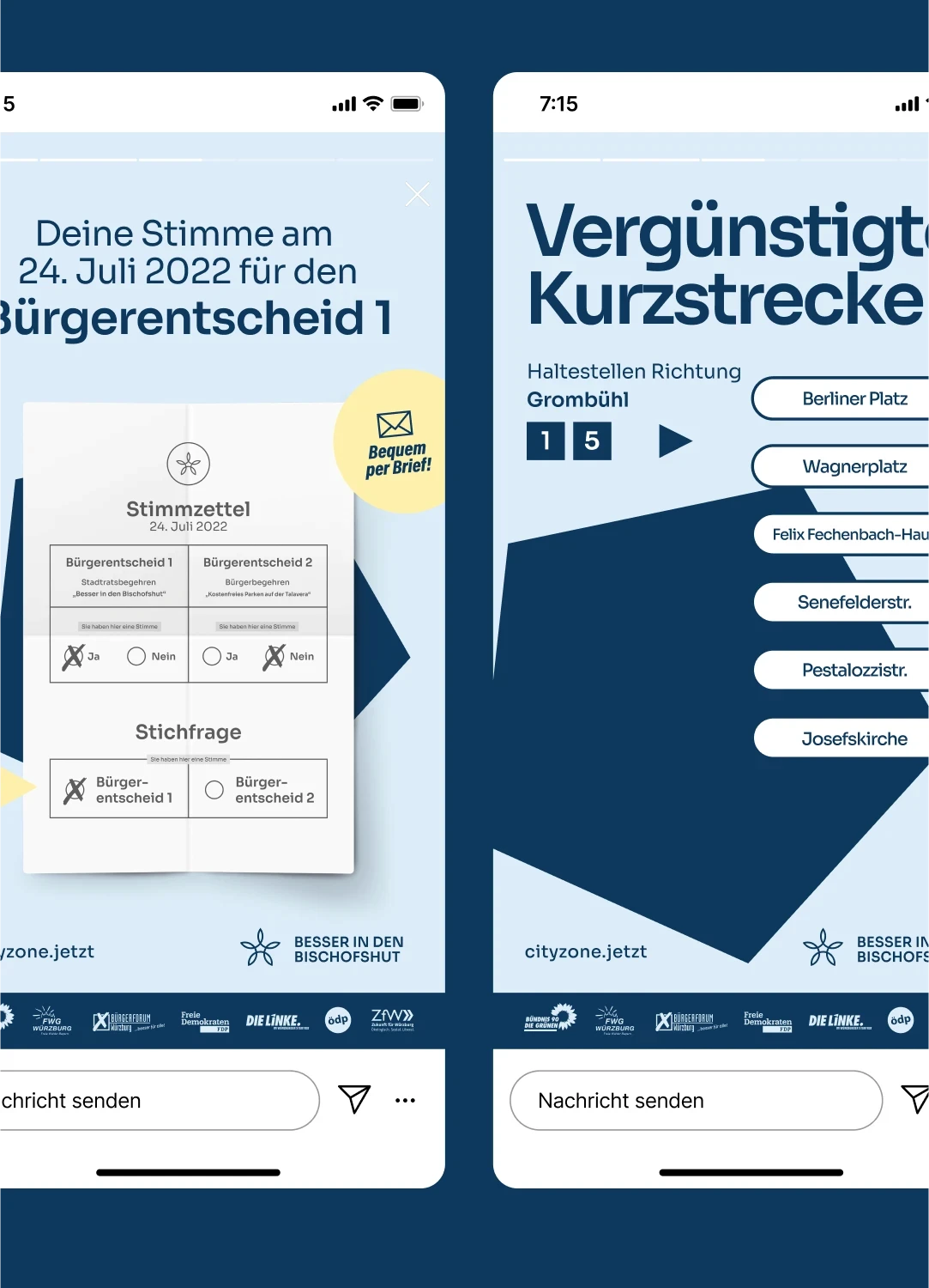 Social Media Postings für den Bürgerentscheid mit Stimmzettel und Infos zur Briefwahl, sowie Werbung für vergünstigte Kurzstrecken mit Haltestellen.
