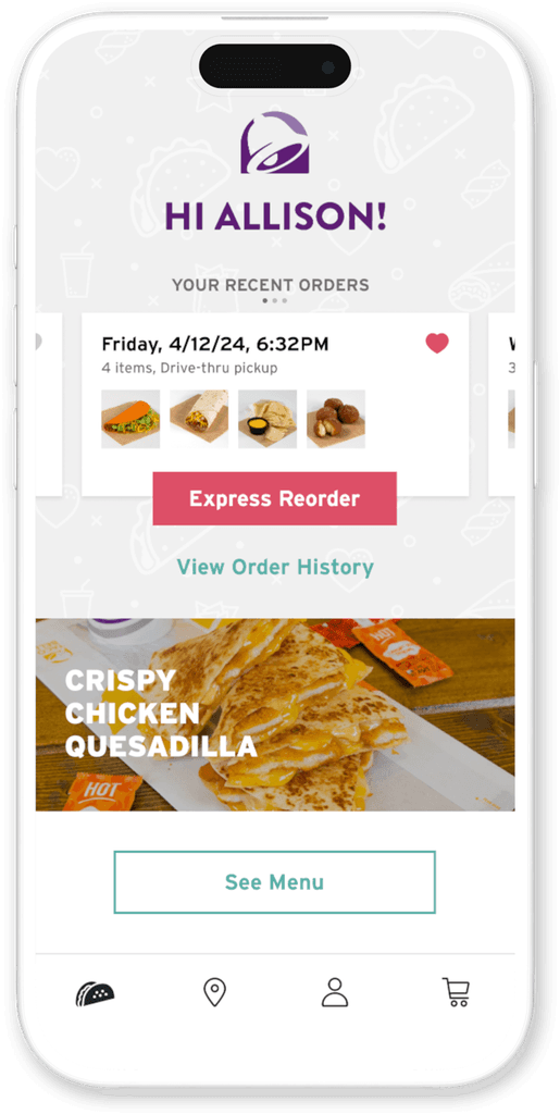 App screen showing express reorder access from the home screen.