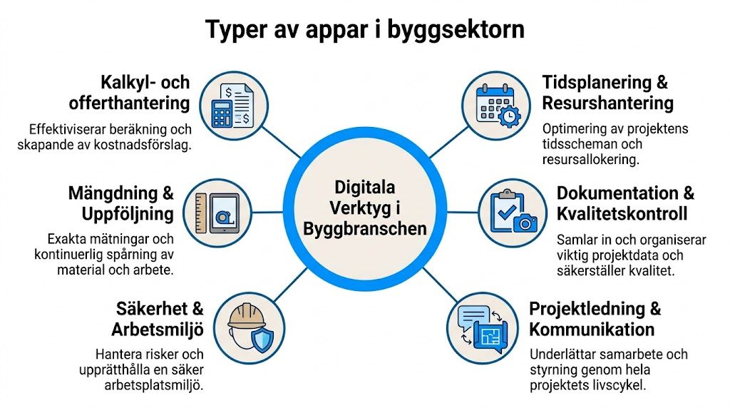 En infografik som illustrerar olika typer av digitala appar och verktyg för användning inom byggbranschen.