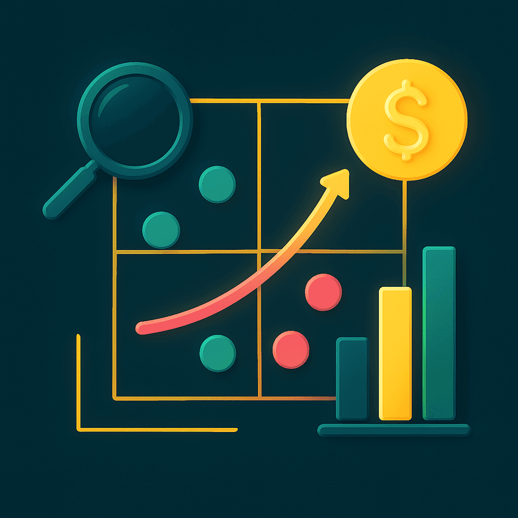 Magnifying glass and dollar symbol over customer performance chart, symbolizing customer segmentation analysis