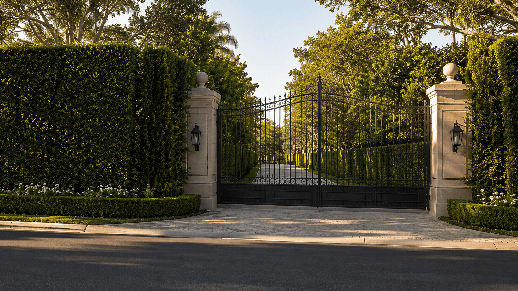 Large front gate leading to luxury home