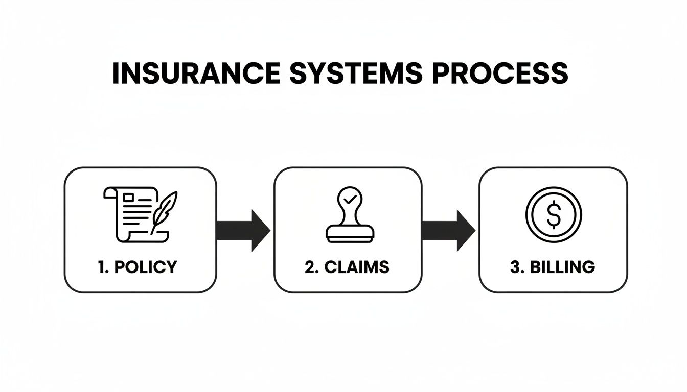 A flowchart illustrating the three main steps in the insurance systems process: policy, claims, and billing.