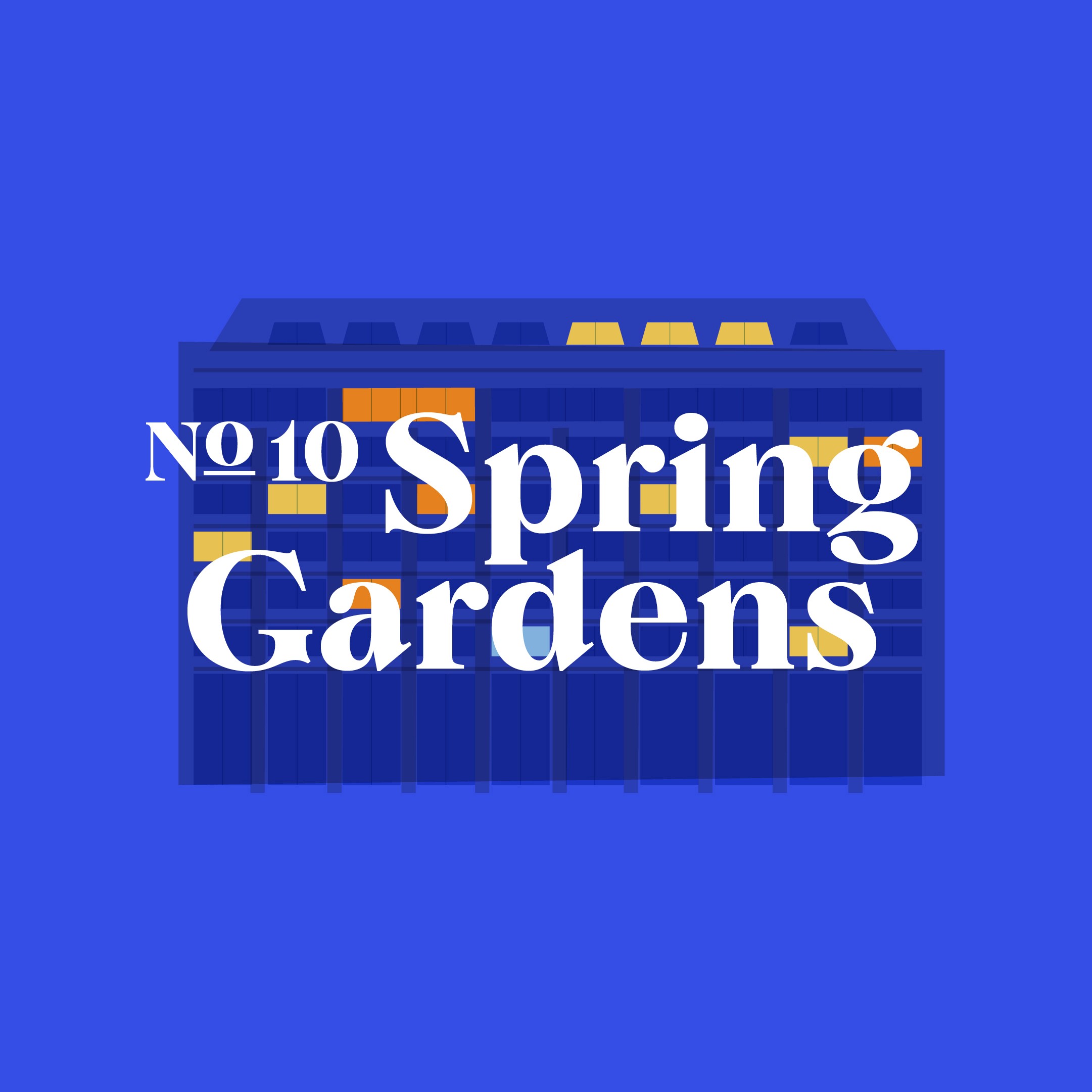 Illustration of a building with some windows lit and text No 10 Spring Gardens overlaid on blue background