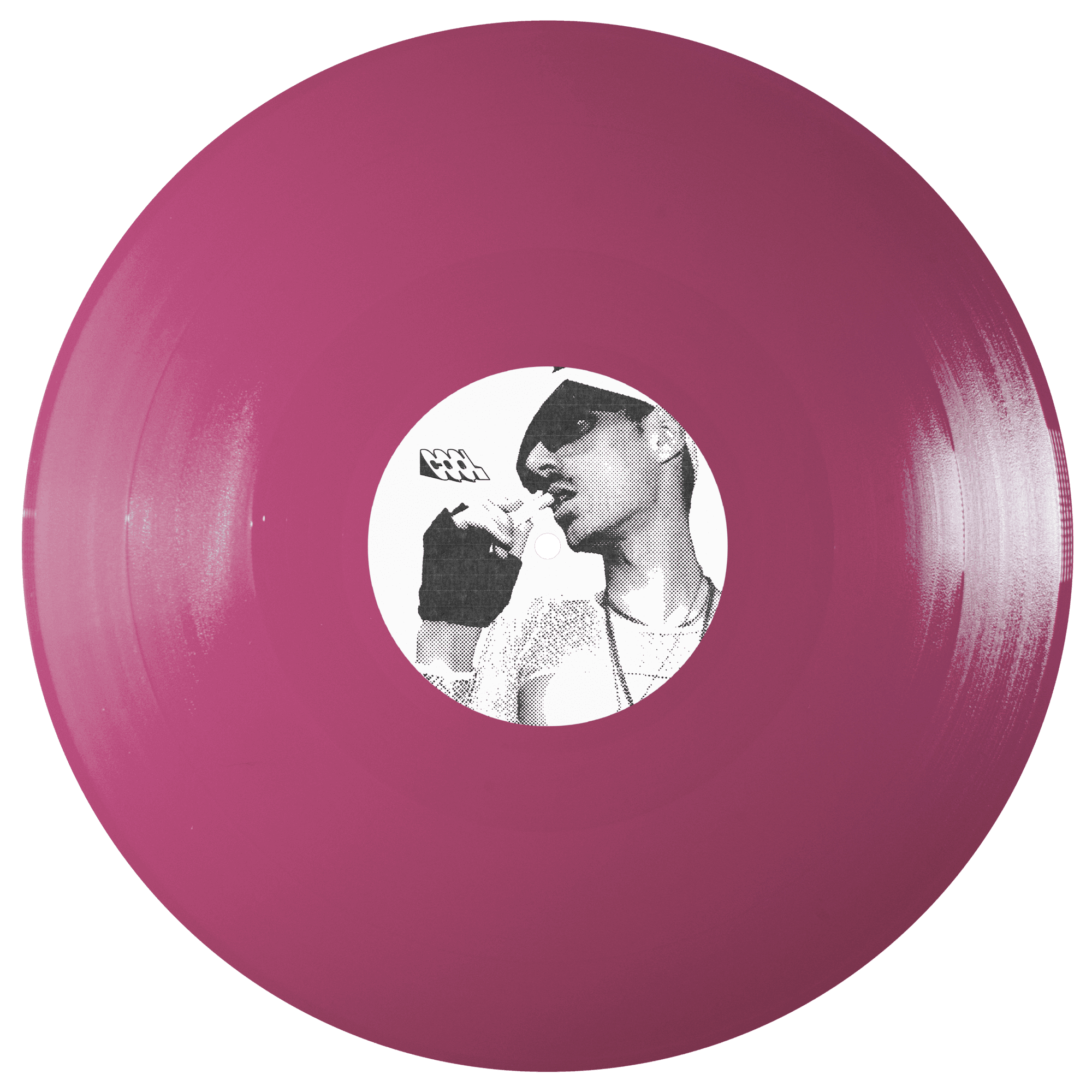 Pink vinyl record with a black and white portrait in the center on a white background