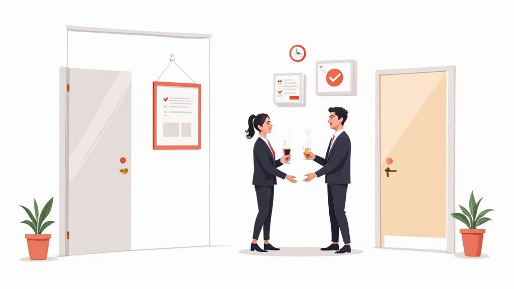A team of employees collaborating in a bright, modern office space.