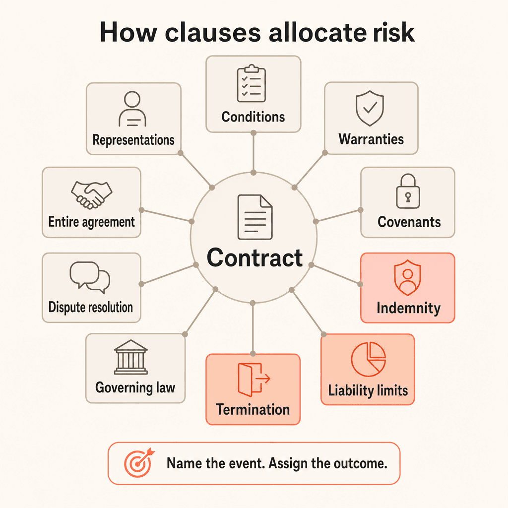 Risk-allocation map connecting a contract to conditions, representations, warranties, covenants, indemnity, liability limits, termination, governing law, dispute resolution, and entire agreement clauses