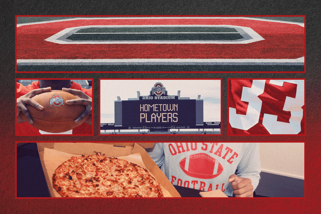 Collage of Ohio State Buckeye Football and pizza images zoomed in to show detail and texture.