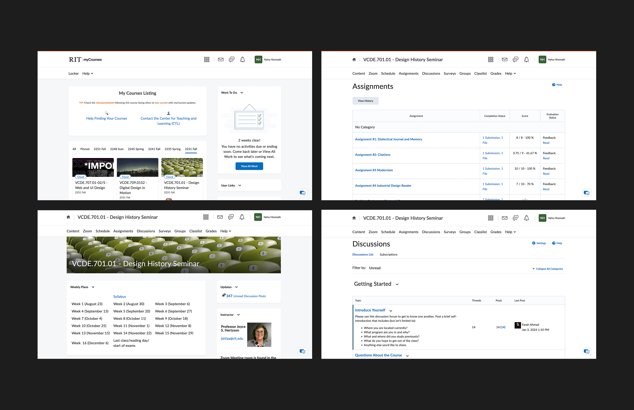 Screenshots of current design of mycourses