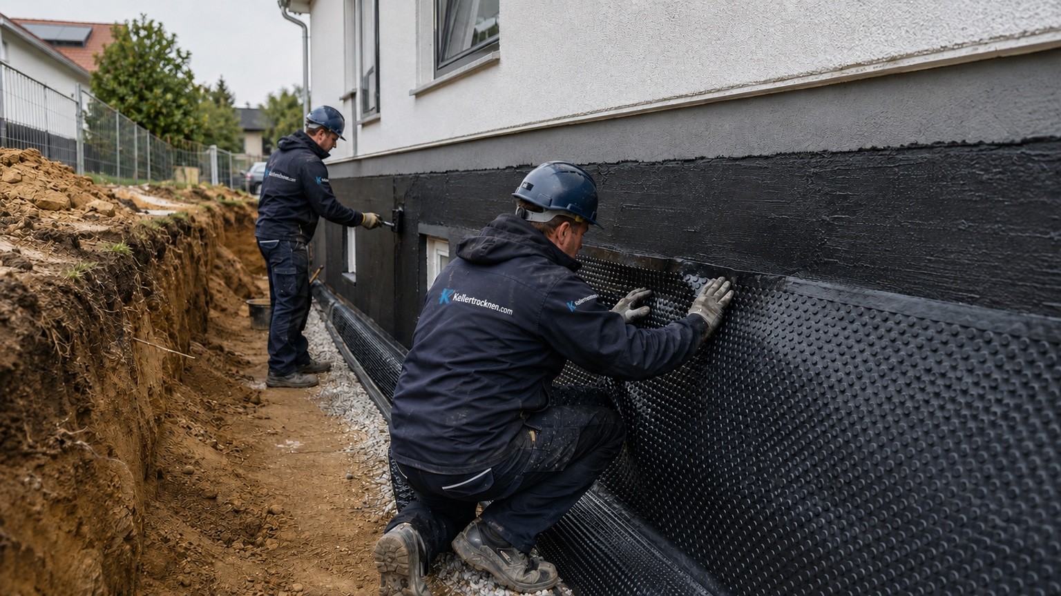 Hausquerschnitt mit feuchter Kellerwand und Außenabdichtung