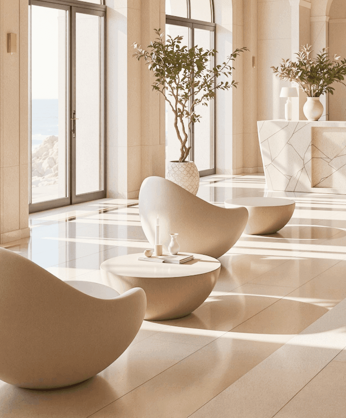 Elegant lounge with modern curved chairs, indoor plants, and large windows facing the sea.