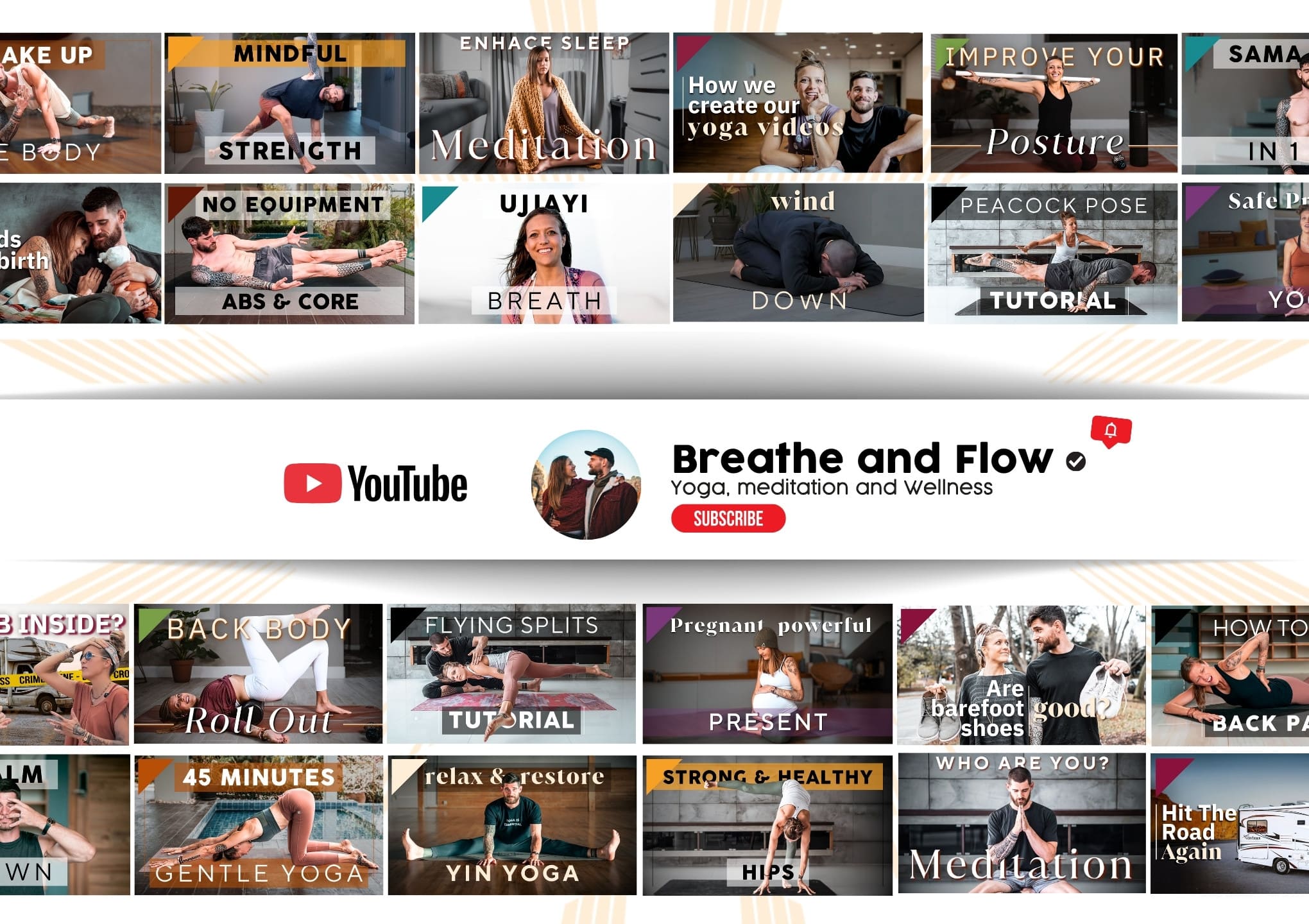 A YouTube banner for "Breathe and Flow" shows diverse yoga and meditation thumbnails. Energetic, calming, featuring poses and text like "Strength" and "Relax & Restore.”