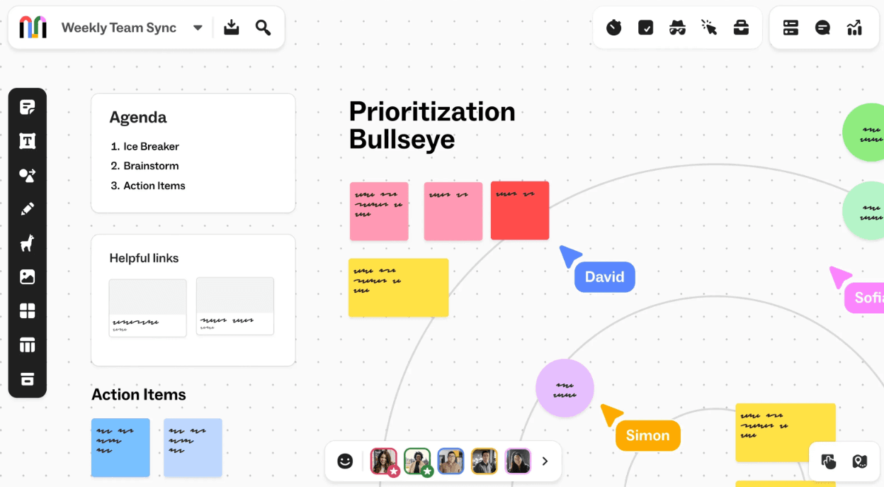 Mural digital whiteboard with sticky notes and a prioritization bullseye layout for team collaboration.