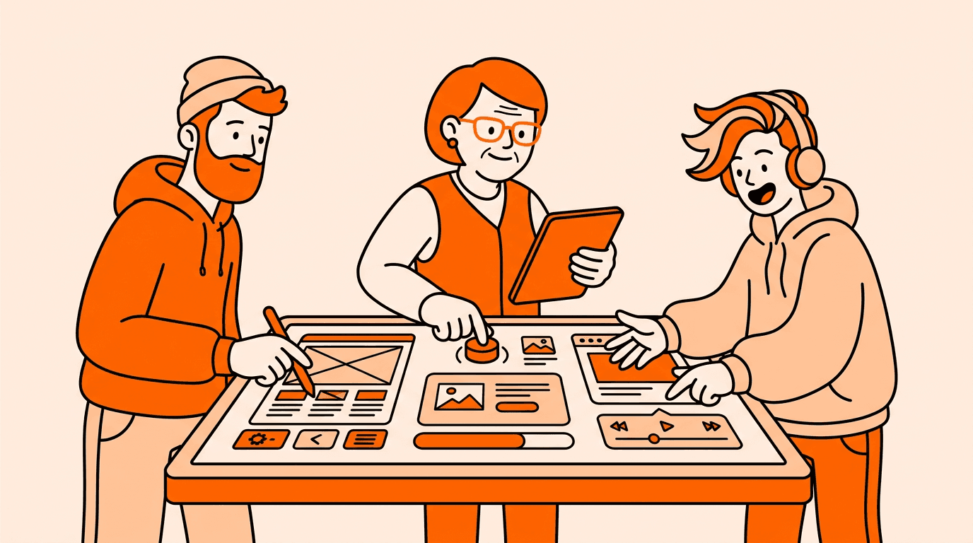 modern ui/ux product design requires building. Simple minimalist millennial and boomer and Gen Z collaborating