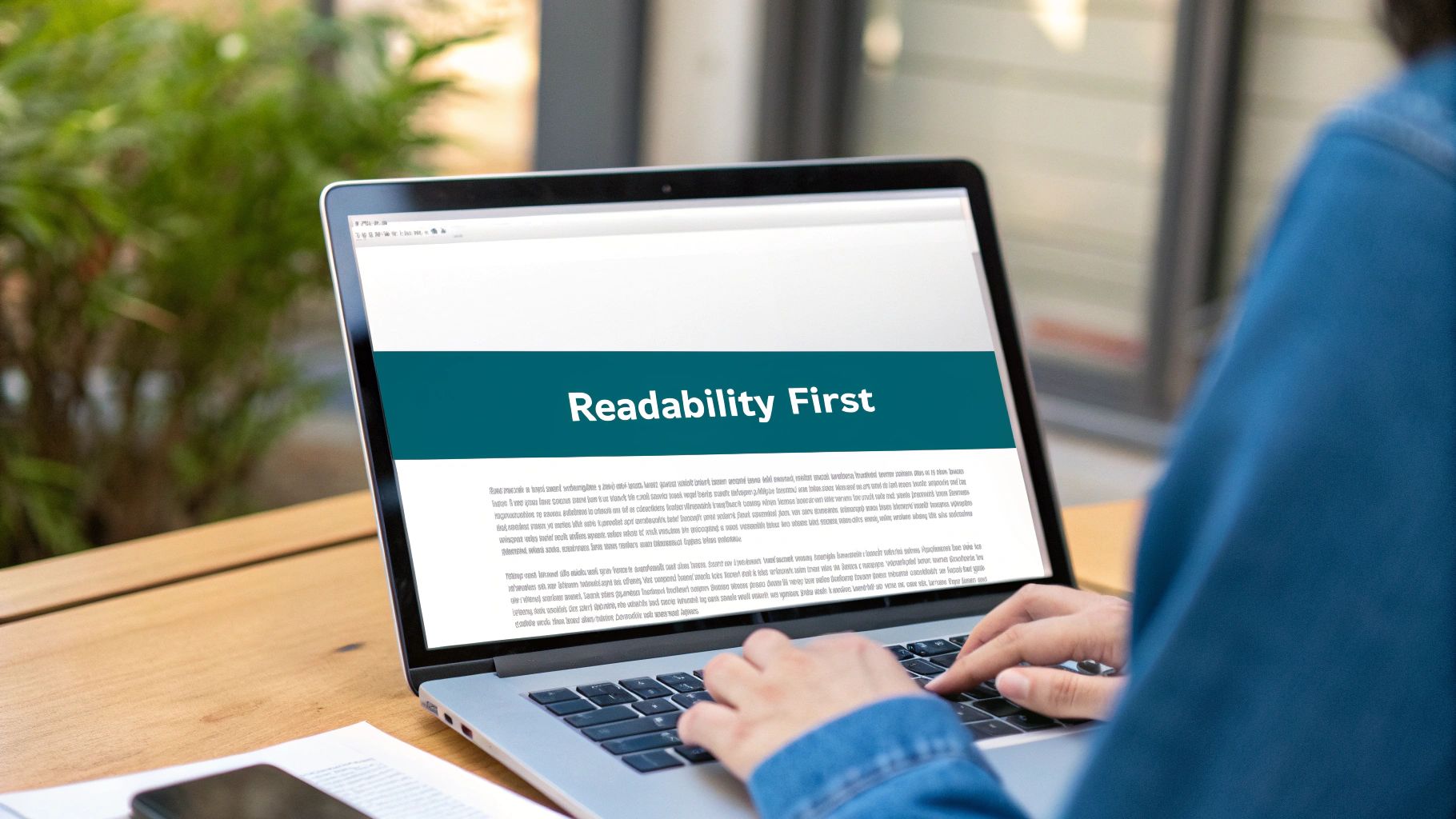 A person types on a laptop displaying a webpage with a 'Readability First' banner and content.