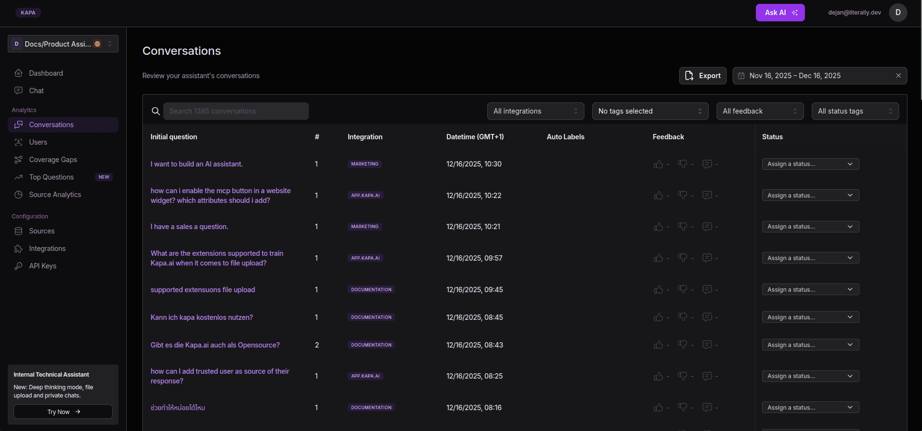 Conversations section of the dashboard