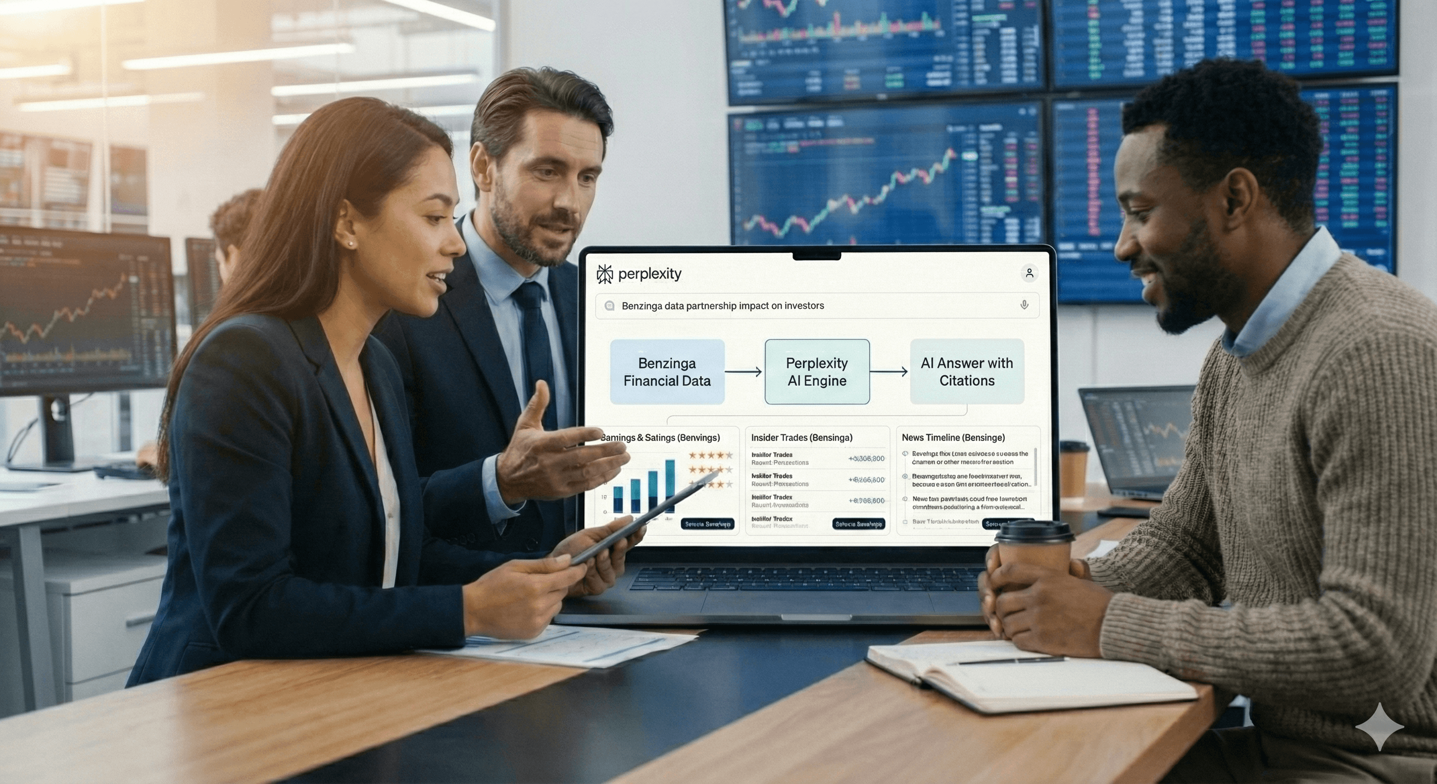 Three professionals in business attire collaborate around a table with laptops displaying analytics and data insights related to a Benzinga and Perplexity partnership, featuring charts and AI tools on the screens, set against a backdrop of stock market displays.