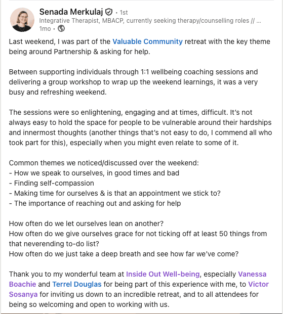 Post highlighting gratitude and skills developed during The Valuable Retreat.