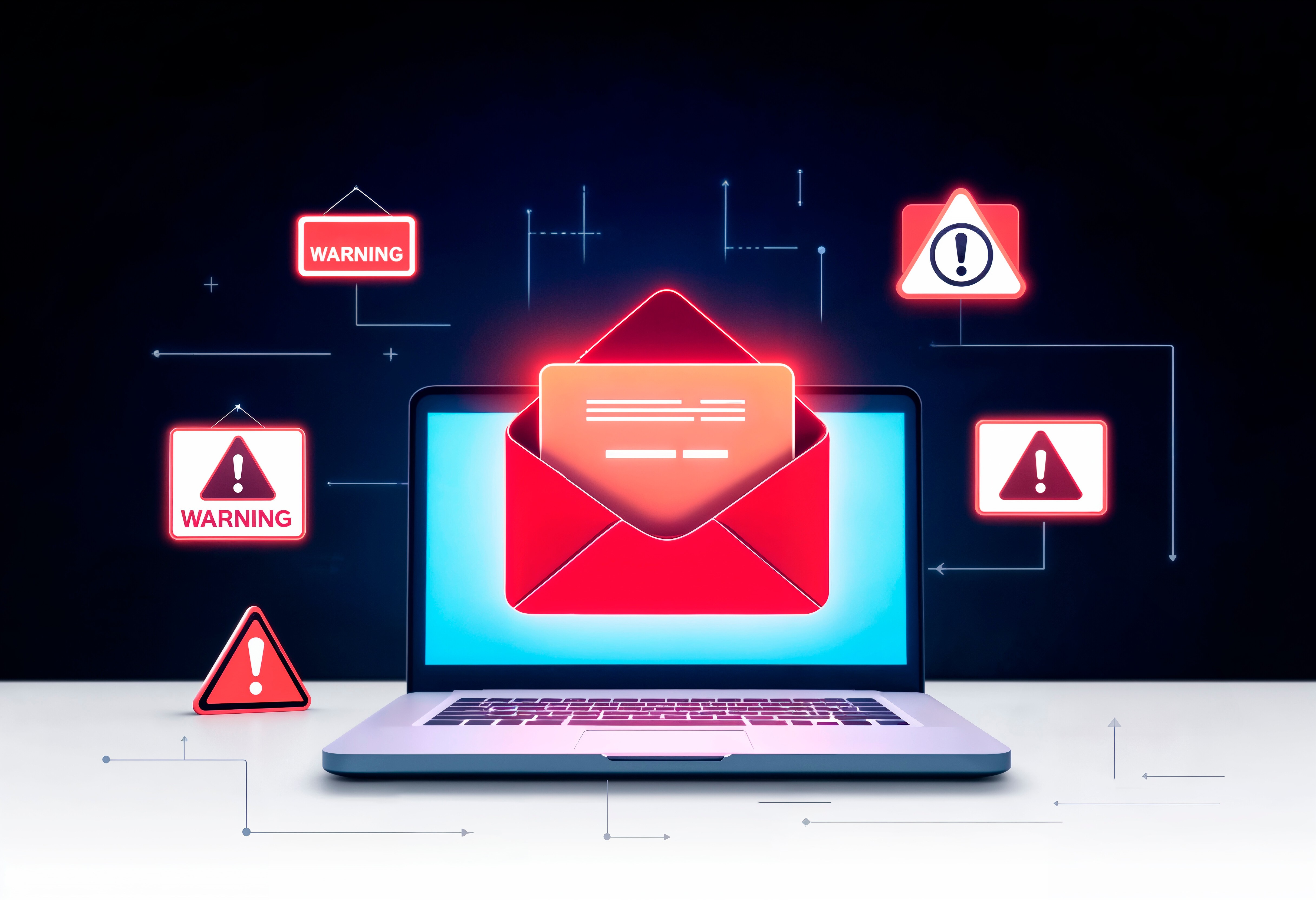 Laptop displaying a glowing red envelope surrounded by digital warning icons, symbolizing email security risks.