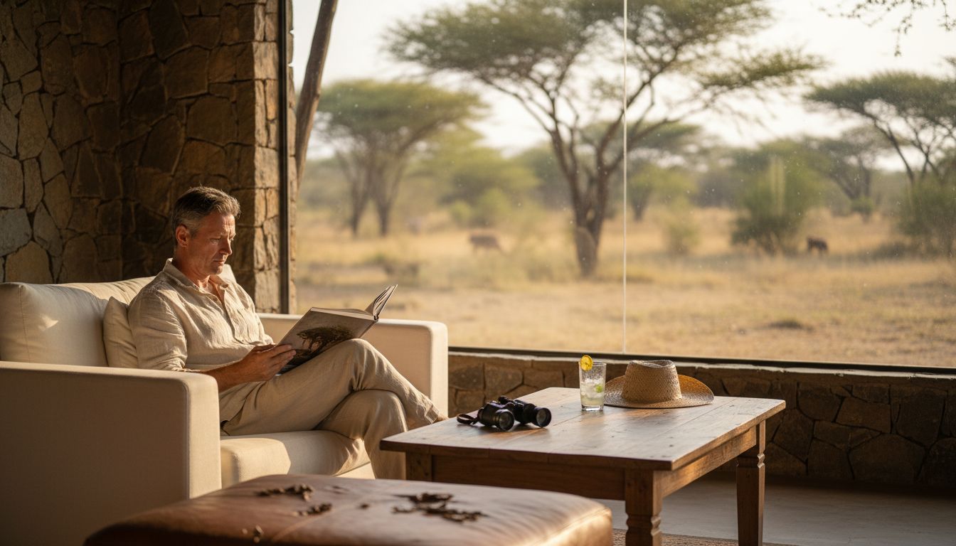 Guest reading in luxury safari lounge