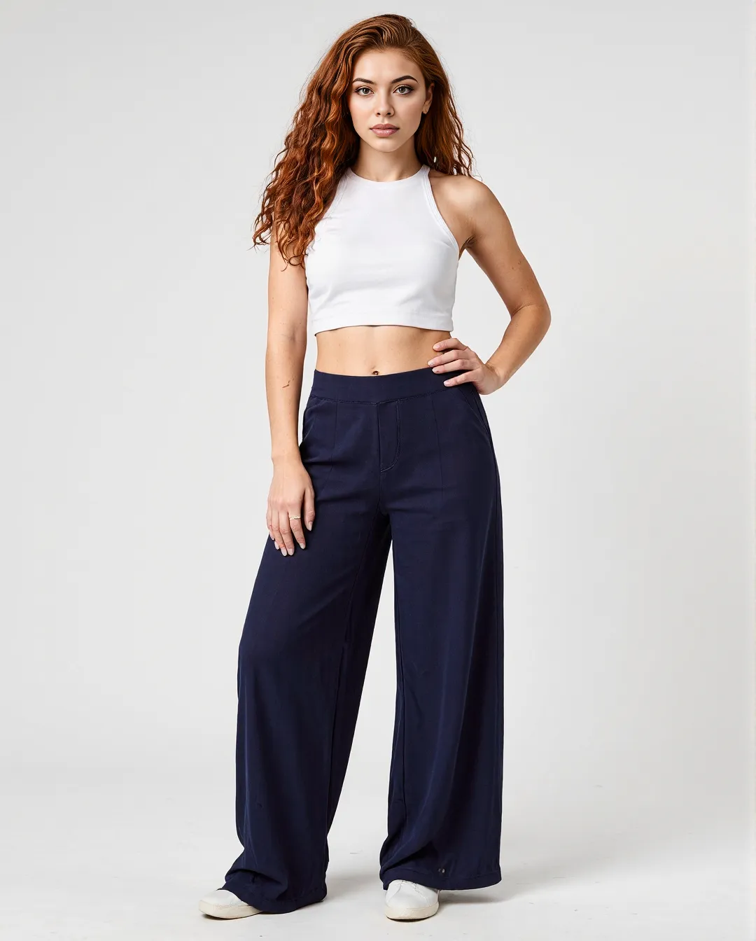 Professional fashion photography featuring navy wide-leg pants and white crop top against a minimal white background