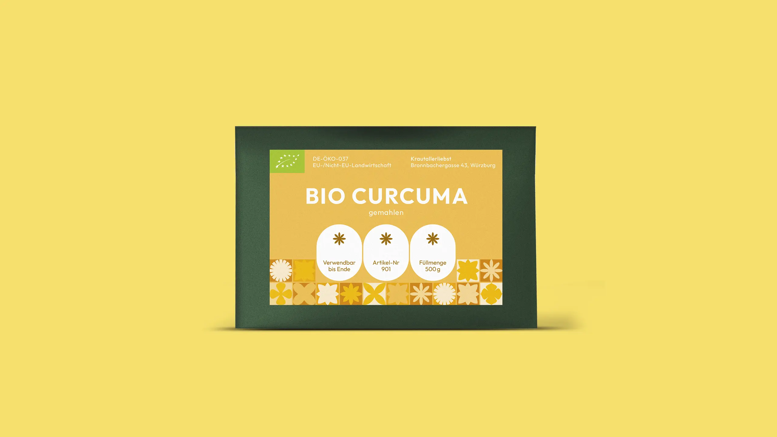 Bio-Etikett Curcuma gemahlen mit DE-ÖKO-037, 500 g und Ladendaten Würzburg