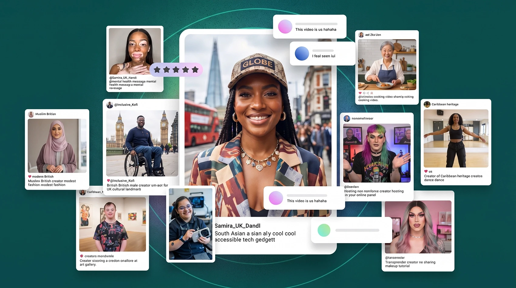 Multicultural UK influencer marketing showing inclusive creators from Muslim British to Caribbean heritage and disabled talent