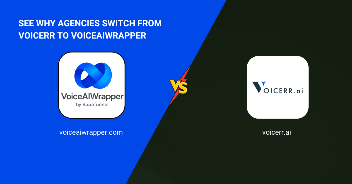 VoiceAIWrapper and Voicerr.ai logos in a versus comparison cover positioning VoiceAIWrapper as the Voicerr alternative for agencies | VoiceAIWrapper.