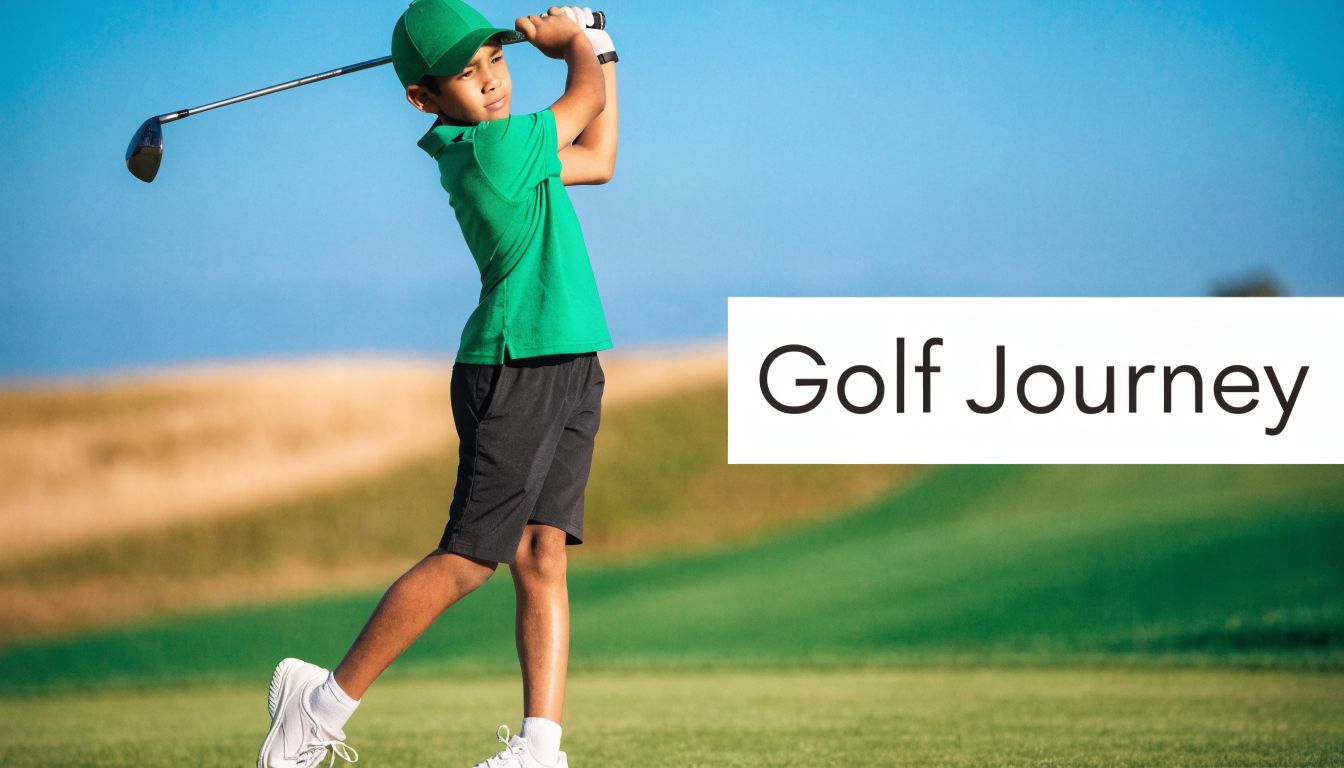 A young boy wearing a green shirt and cap swings a golf club on a course.