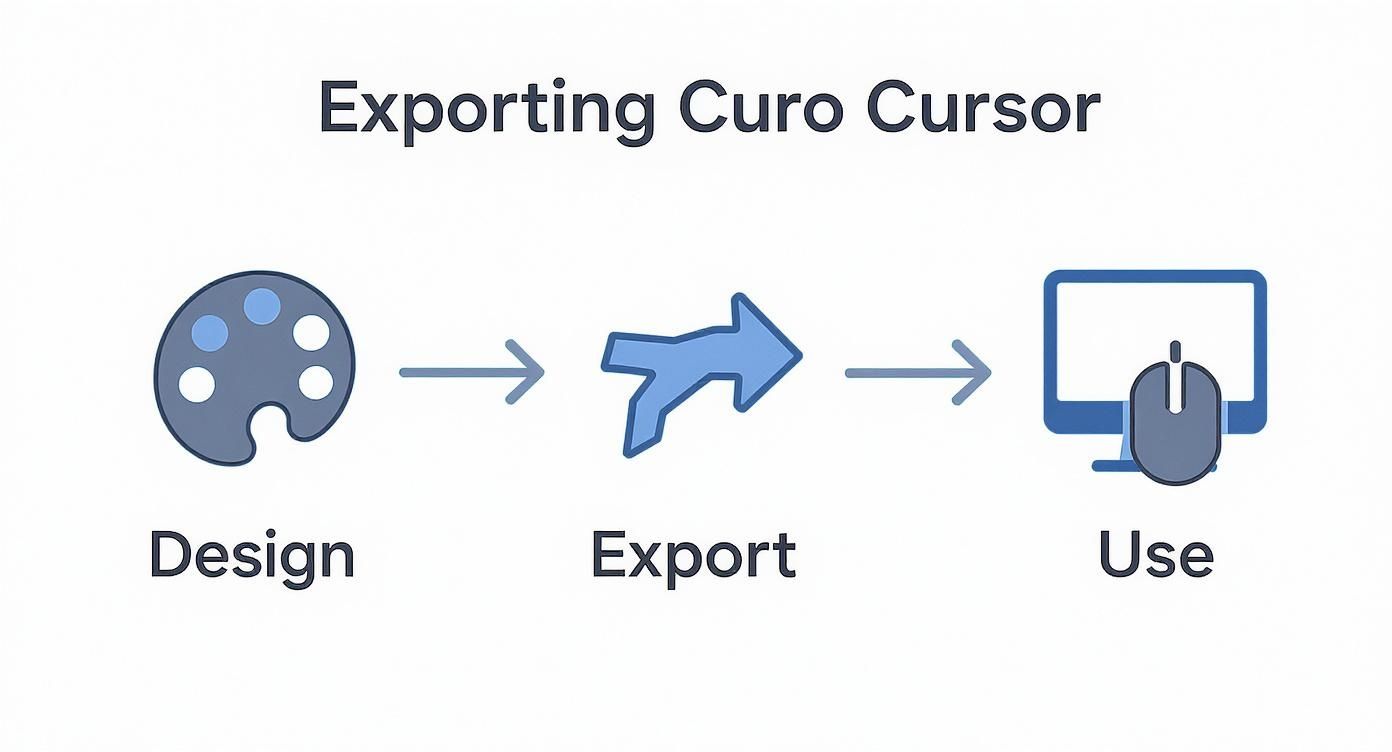 A diagram illustrating the workflow for custom cursors, from design to export and final use.