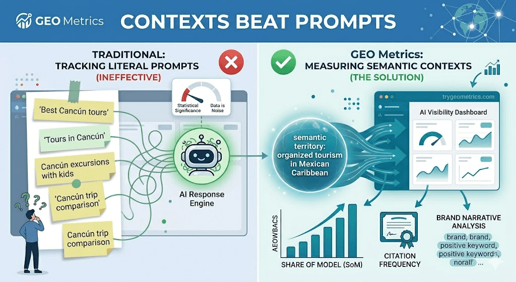 GEO Metrics comparative diagram: on the left, the ineffective approach of tracking literal prompts like 'Best Cancún tours' and 'Cancún excursions with kids' that produces statistical noise; on the right, the solution of measuring the semantic territory 'organized tourism in the Mexican Caribbean' to obtain Share of Model, Citation Frequency and Brand Narrative Analysis through the AI Visibility Dashboard at trygeometrics.com