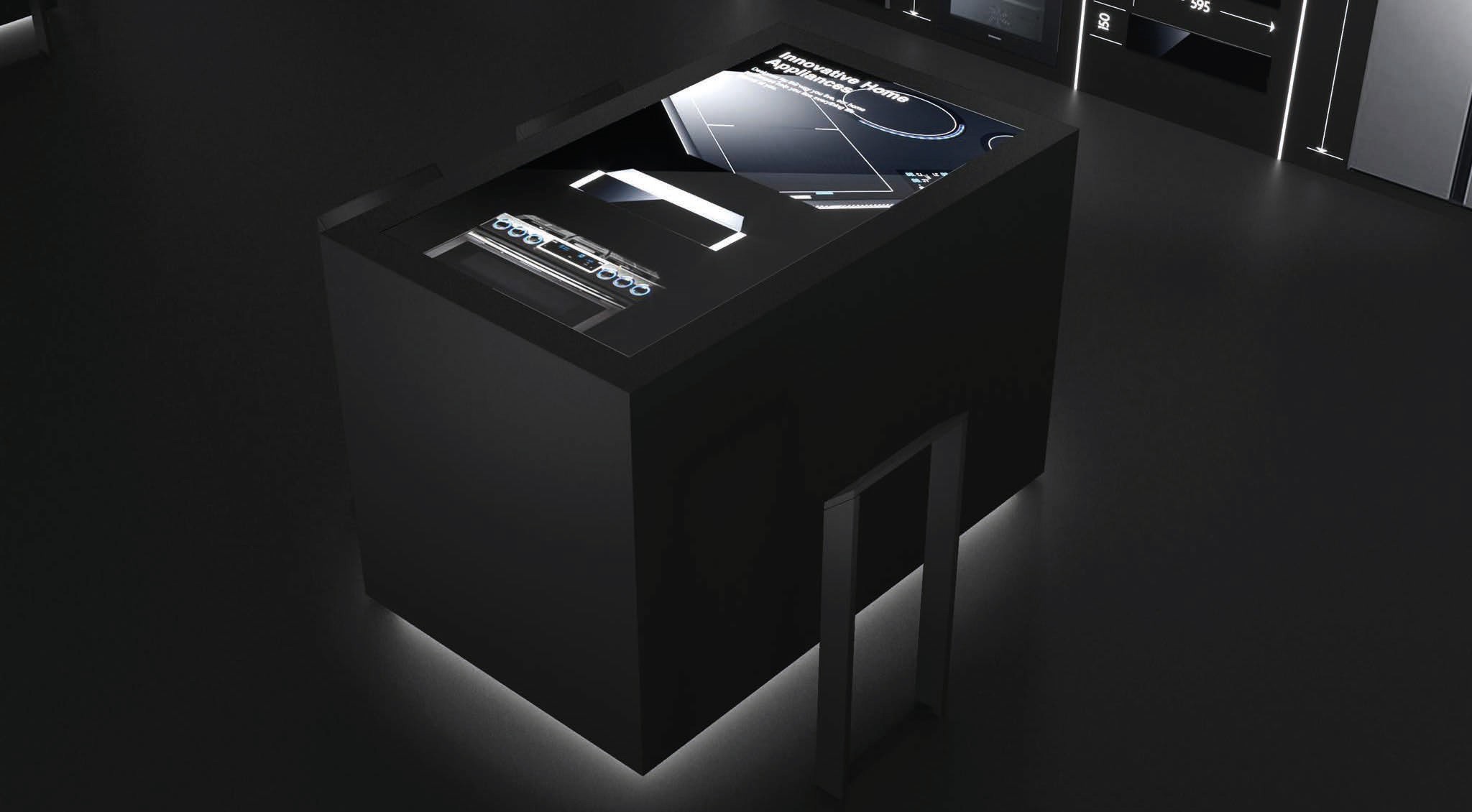 Multimedia and touch table for Booth SAMSUNG deign concept exbition retail and musal black and white lighting design 