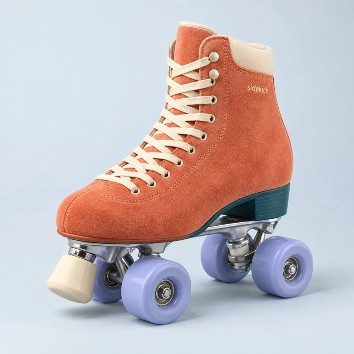 Coral suede Sunday Skate with cream laces and lilac wheels, shown in full