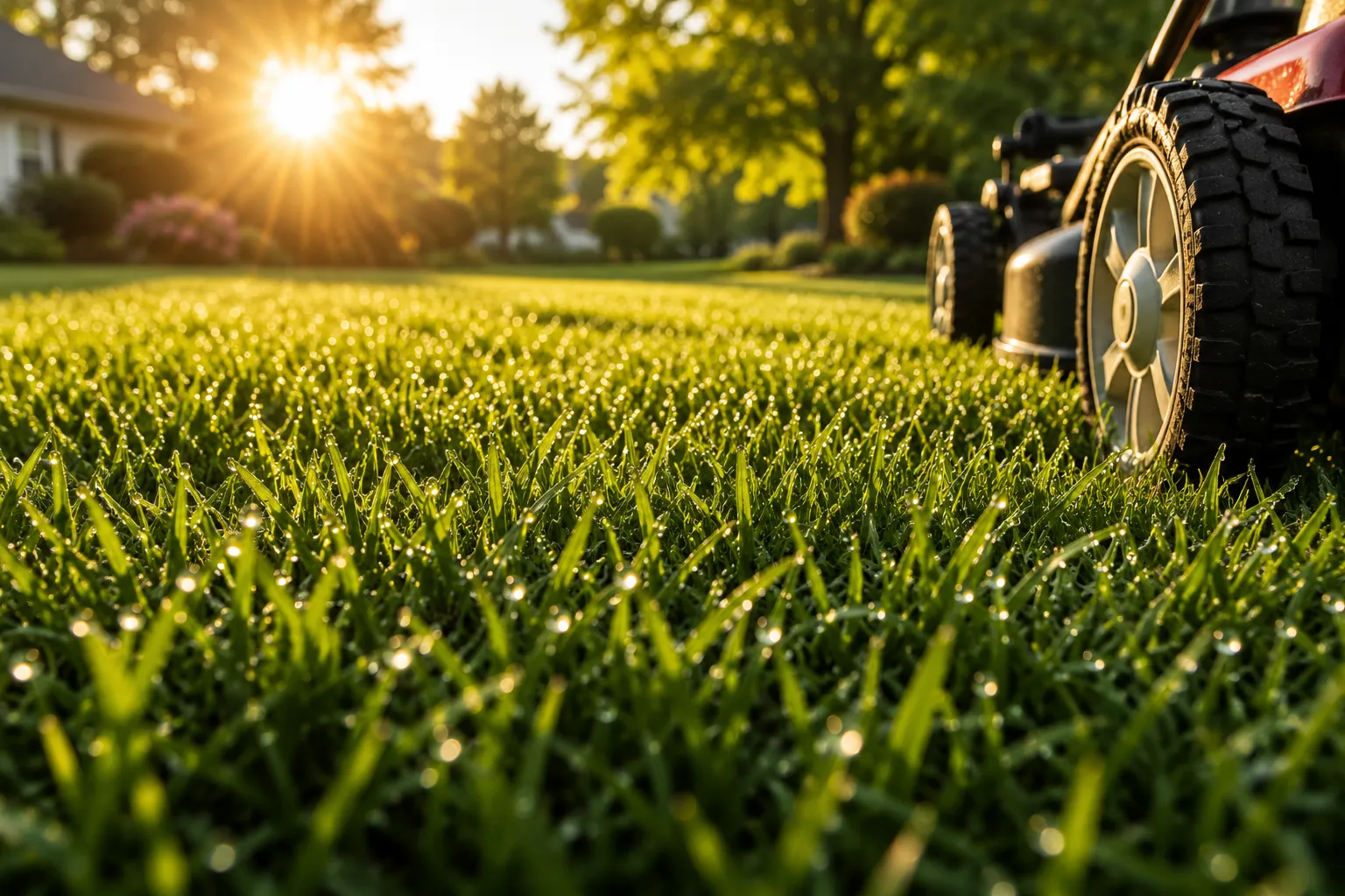 Freshly cut green lawn with clean edging and maintained landscaping