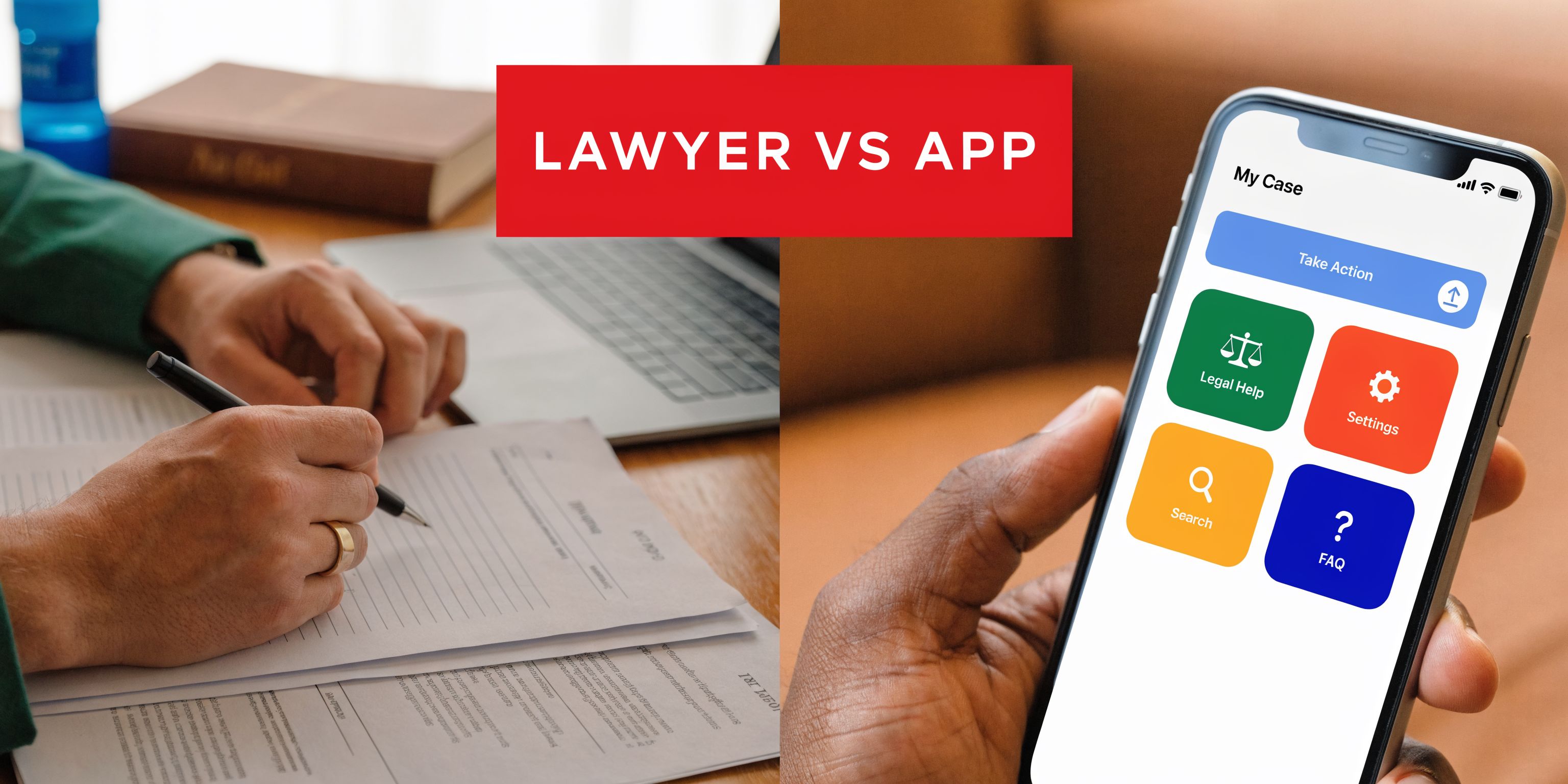 A split screen comparing traditional paperwork and a modern legal mobile application for handling legal cases.