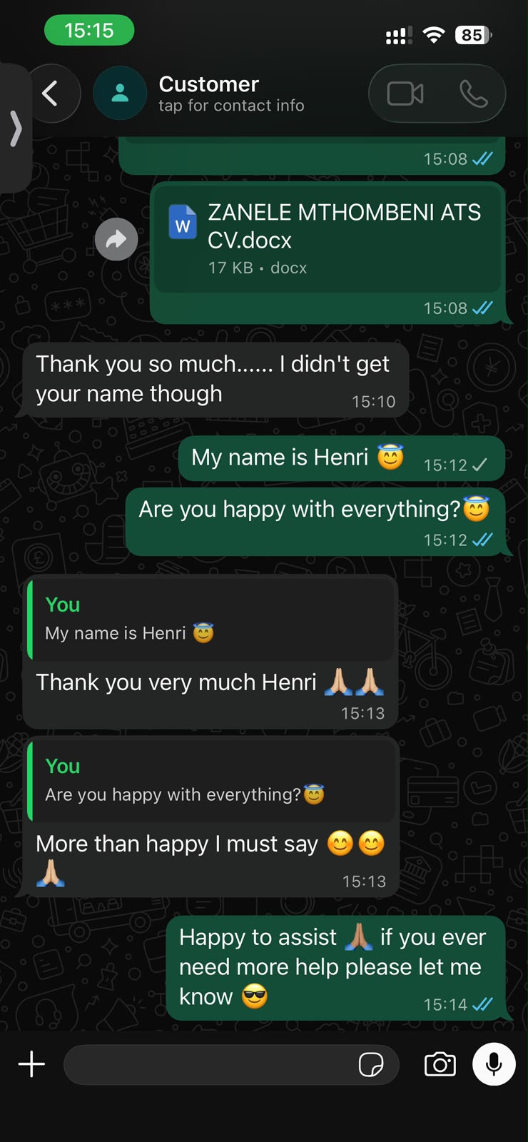 WhatsApp customer testimonial screenshot 20