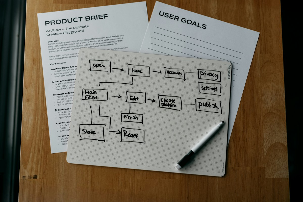 A hand-drawn workflow map beside a product brief