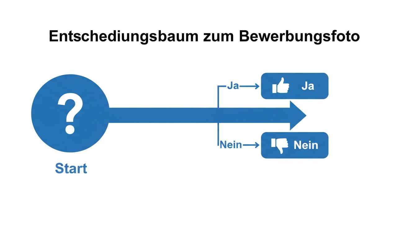 Ein Entscheidungsbaum zum Bewerbungsfoto mit Start, Fragezeichen, Ja- und Nein-Optionen, symbolisiert durch Daumen-hoch und Daumen-runter.