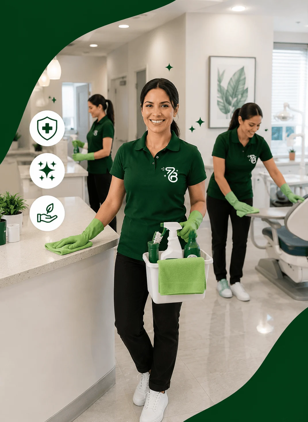 A smiling professional commercial cleaning specialist with Brenda's Cleaning service using a green microfiber cloth to wipe down and sanitize a Ritter medical examination table covered in white protective paper. She holds a branded Brenda's Cleaning spray bottle while performing detailed clinical janitorial and medical office cleaning services. Dressed in a company-branded navy blue uniform polo shirt and black work trousers, she maintains strict sanitization standards for healthcare facilities. The modern clinic exam room background features wall-mounted diagnostic tools, an overhead examination light, a sink, and dark wood cabinetry, highlighting premium local corporate sanitizing and commercial housekeeping across Keller and Southlake, Texas.