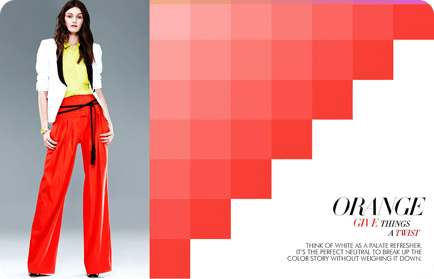 Neiman Marcus fashion editorial featuring model in red wide-leg pants and yellow top with orange gradient color blocks