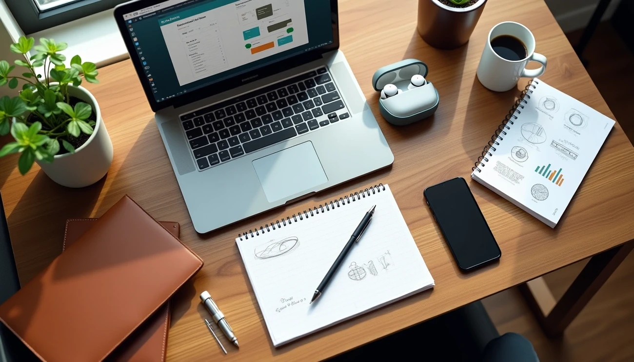 Workspace with laptop, notebooks showing sketches and charts, smartphone, earbuds, coffee, and a plant on a wooden desk.