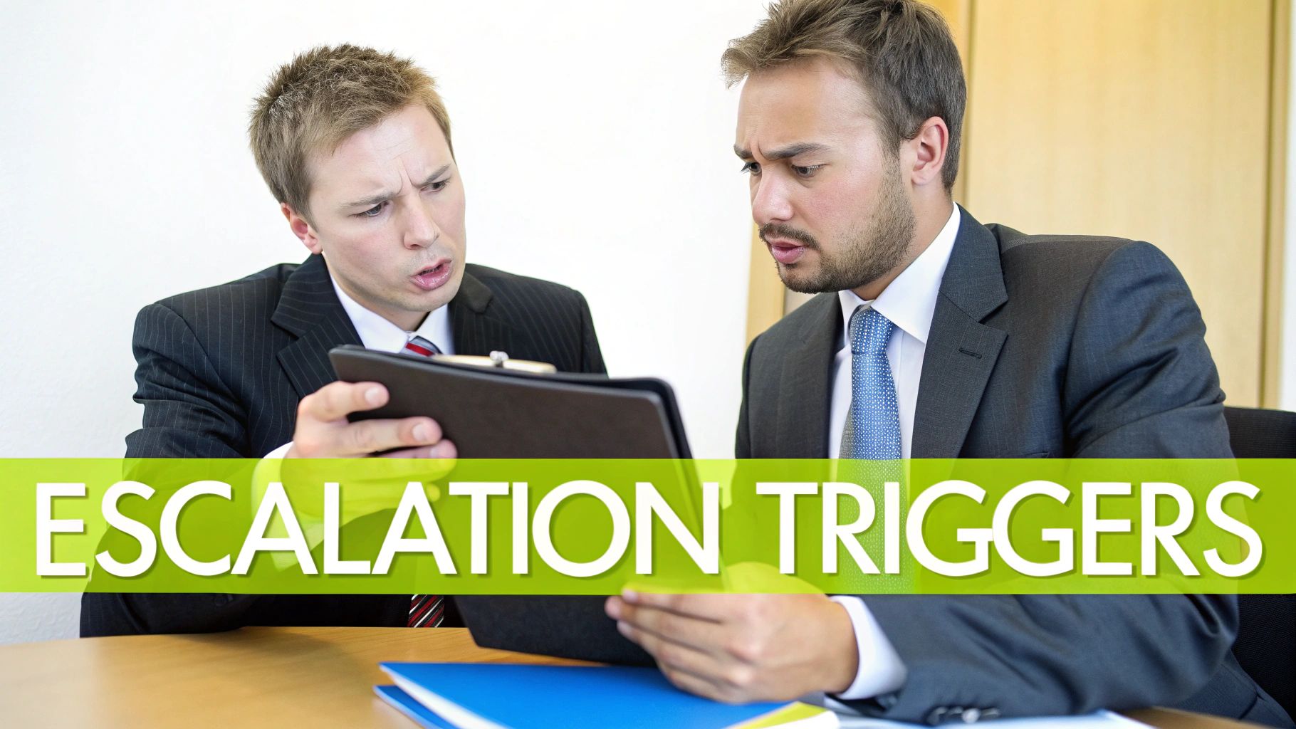 Two concerned businessmen reviewing a document with the text 'ESCALATION TRIGGERS' on it.