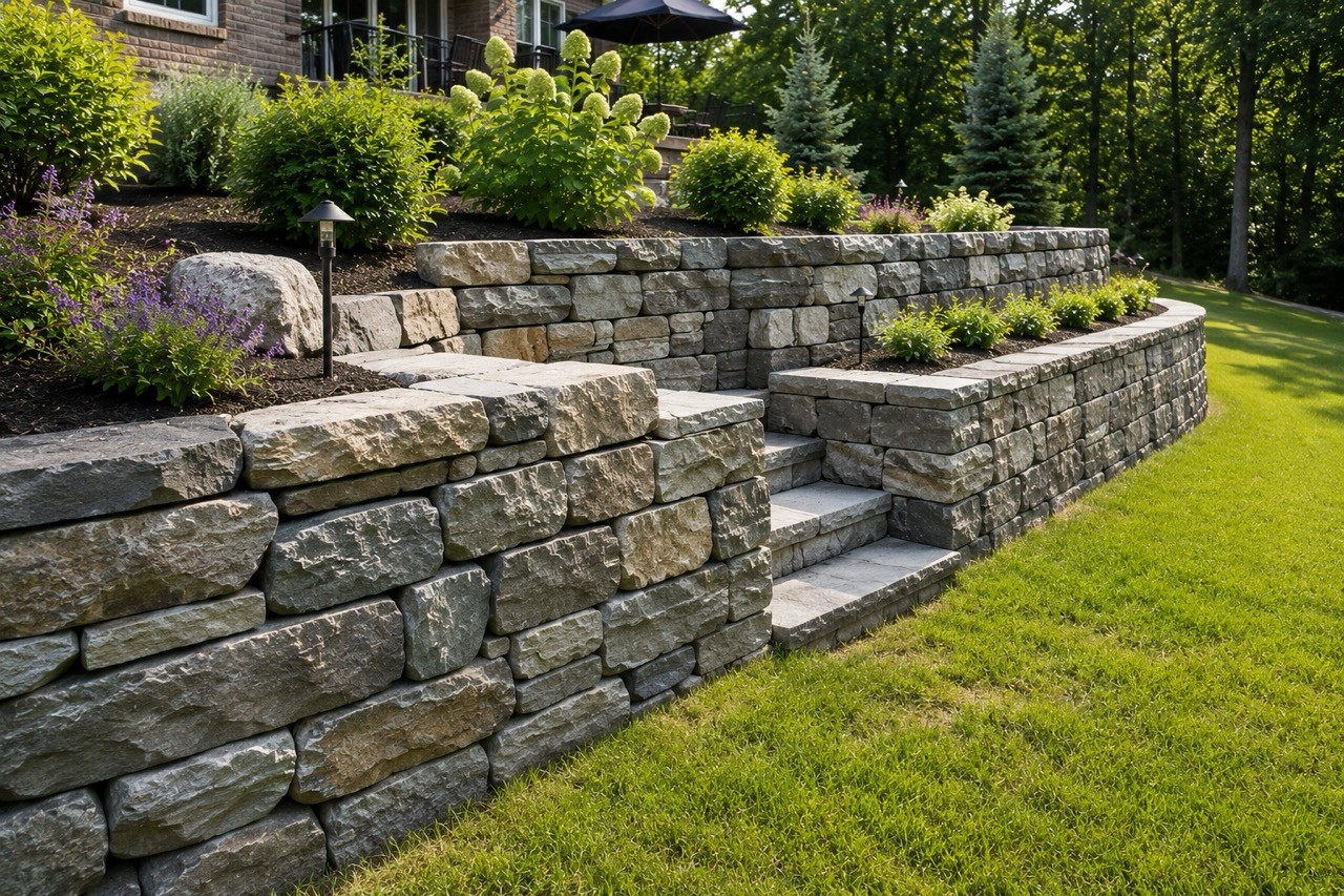 Finished asphalt driveway curving past a cedar home and gardens