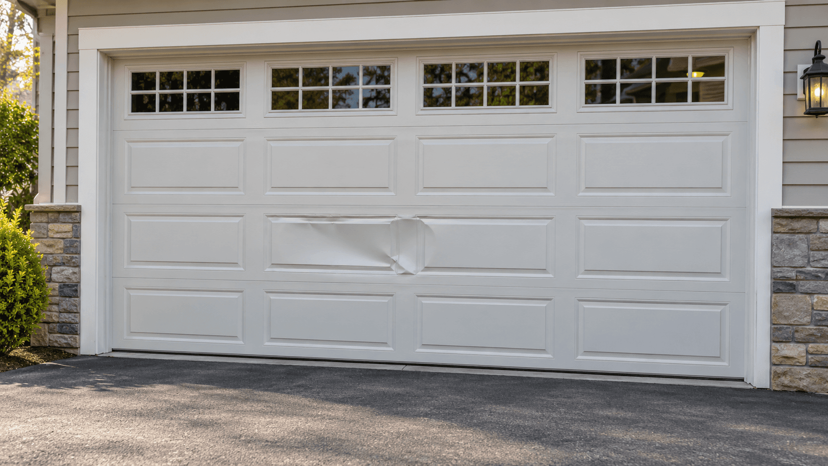 White garage door with one dented panel ready for replacement