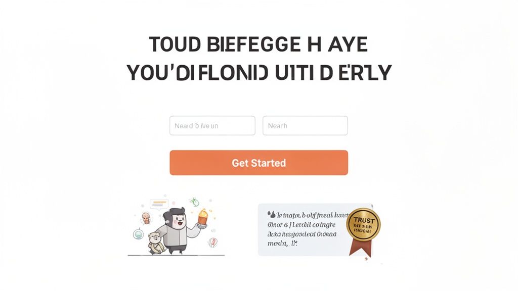 A webpage featuring a 'Get Started' button, input fields, and a cartoon illustration.